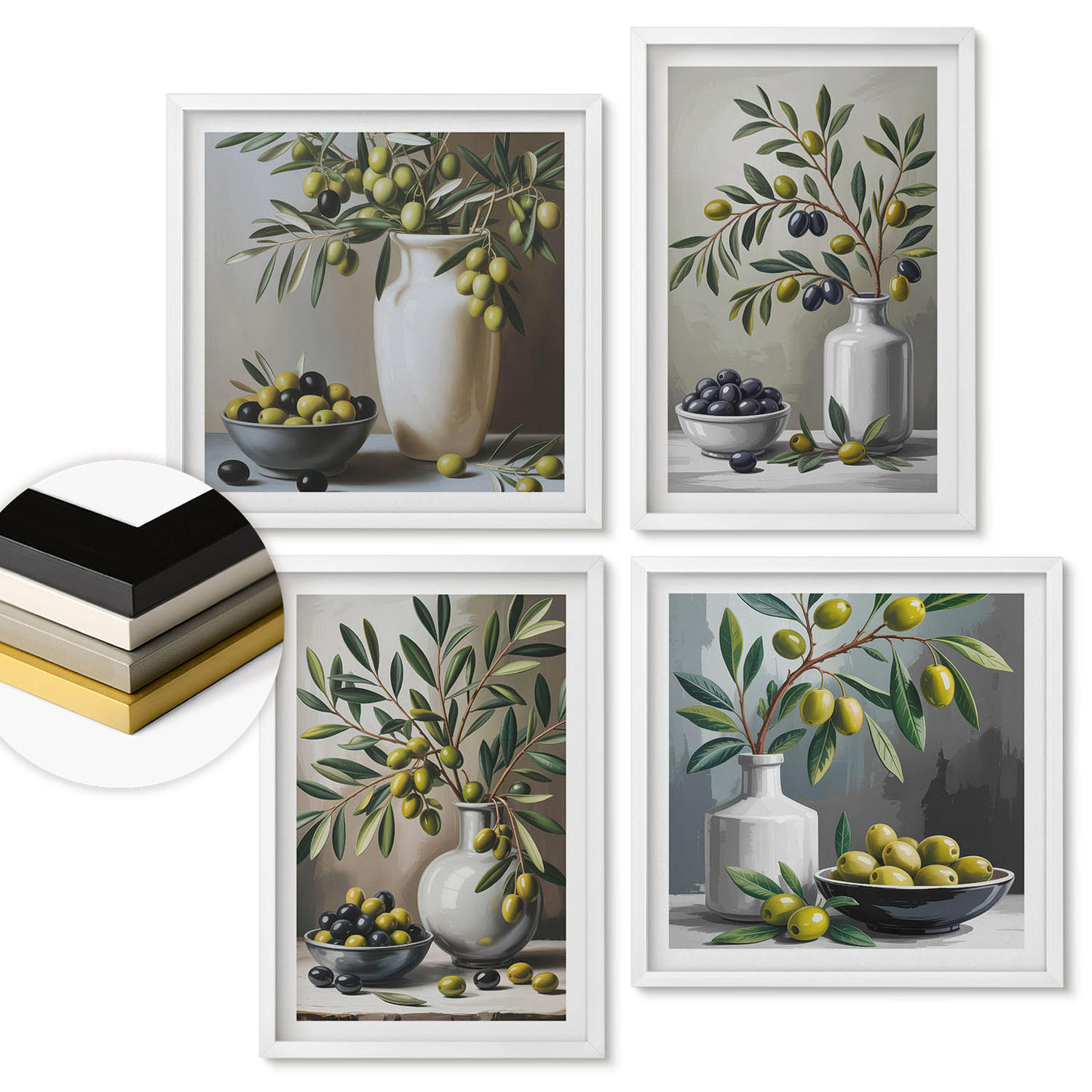 WANDBILDER 4er-Set - 50x50 cm & 40x60 cm Weißer Rahmen - Oliven in Keramikgrau - Weiß, Kunststoff (50/50cm) - ArtPrintCave