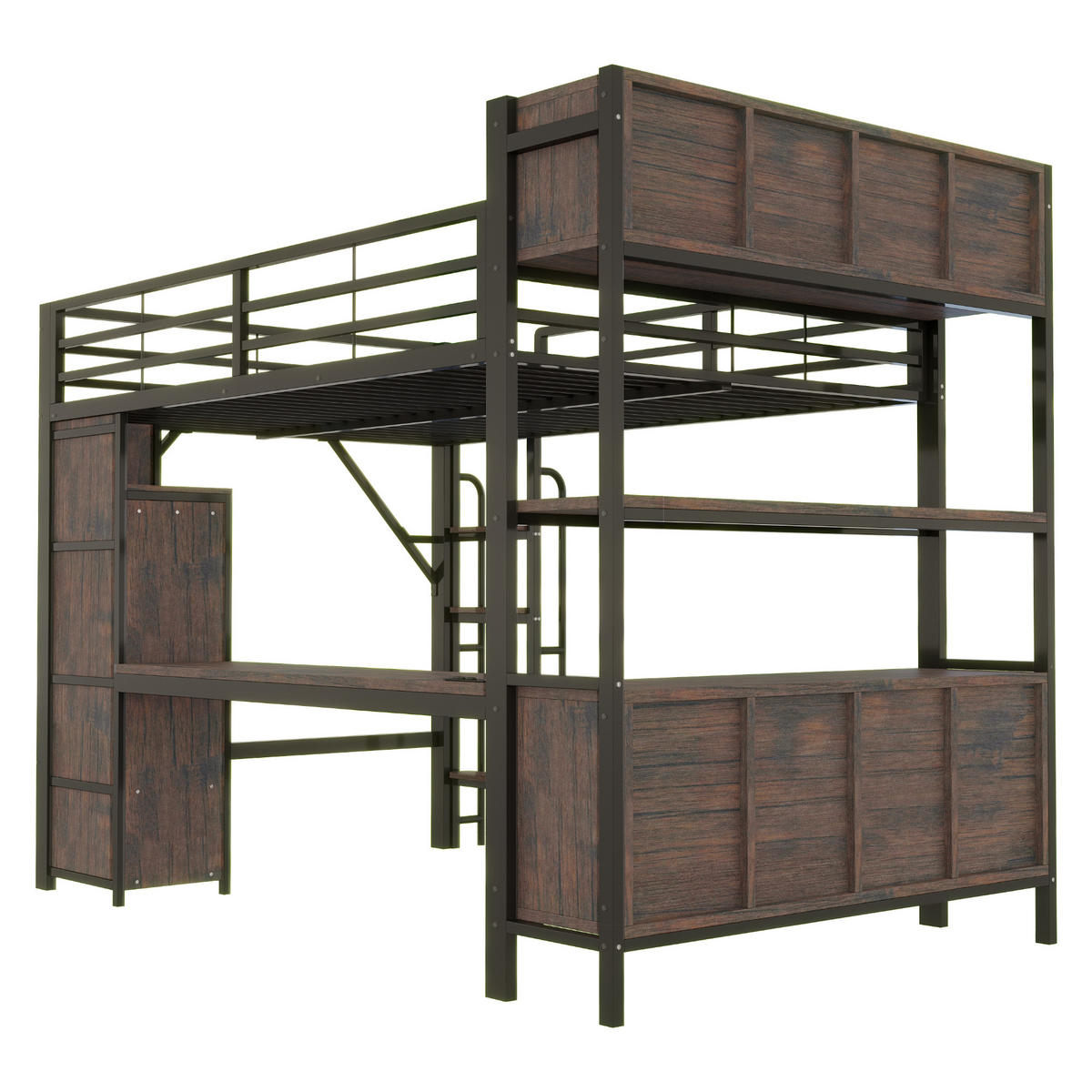 HOCHBETT 140x200cm mit Schreibtisch Kleiderschrank LED Schwarz - Schwarz, Metall (140/200cm) - FLIEKS