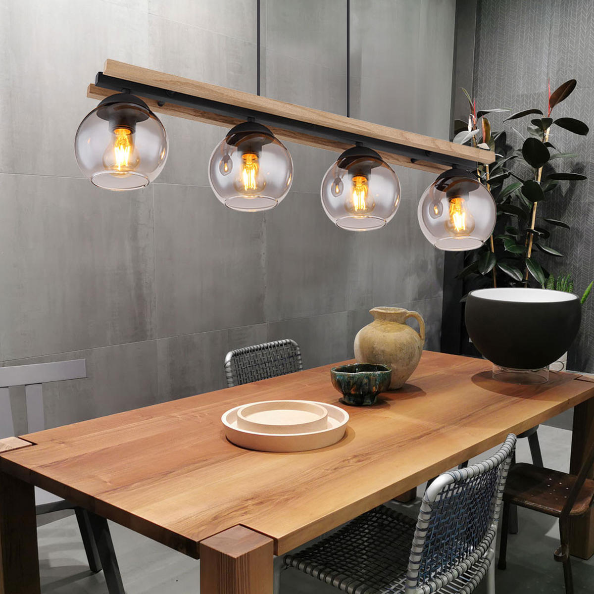 HÄNGELEUCHTE Metall Eichenholz Schwarz 4 Flammig - Schwarz, Holz (85/15/120cm) - Globo Lighting