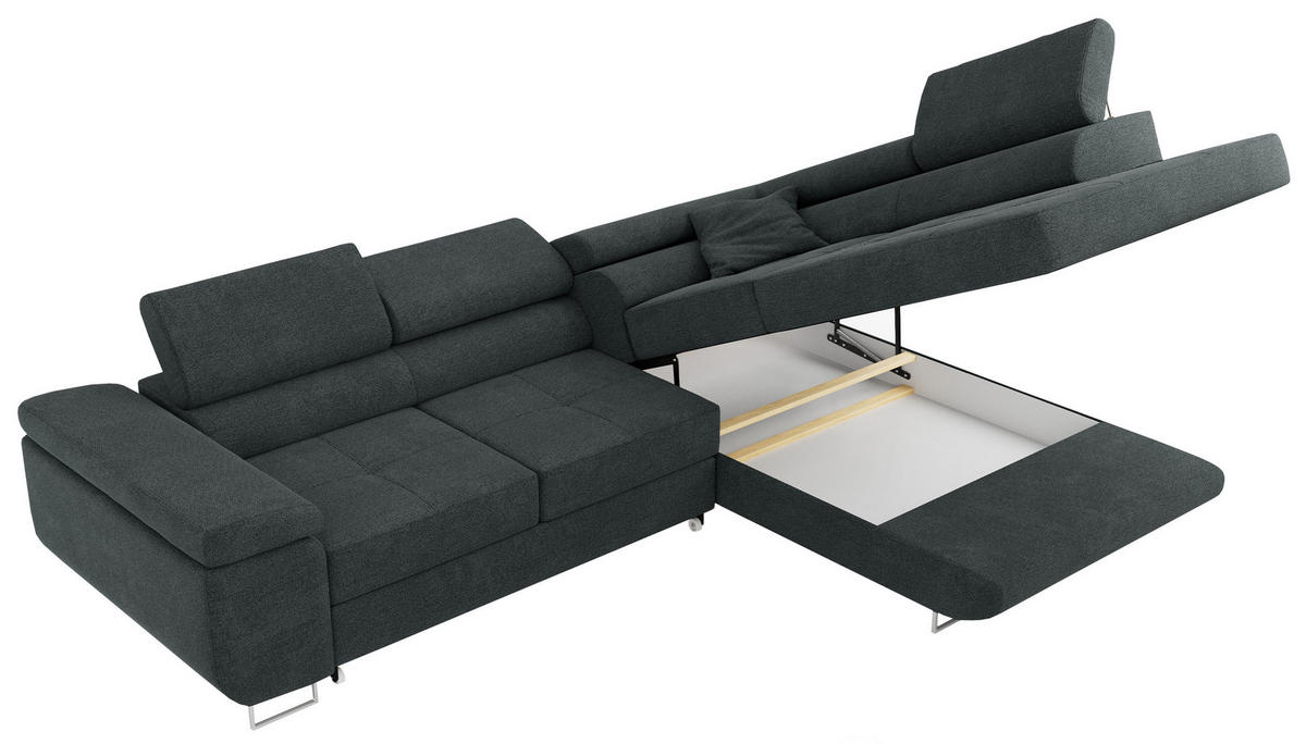 ROHOVÁ SEDAČKA GUSTAW L - Tmavě šedá Strukturovaná látka - Pravá Strana - stříbrná/tmavě šedá, kov/textil (205/275cm) - MKS