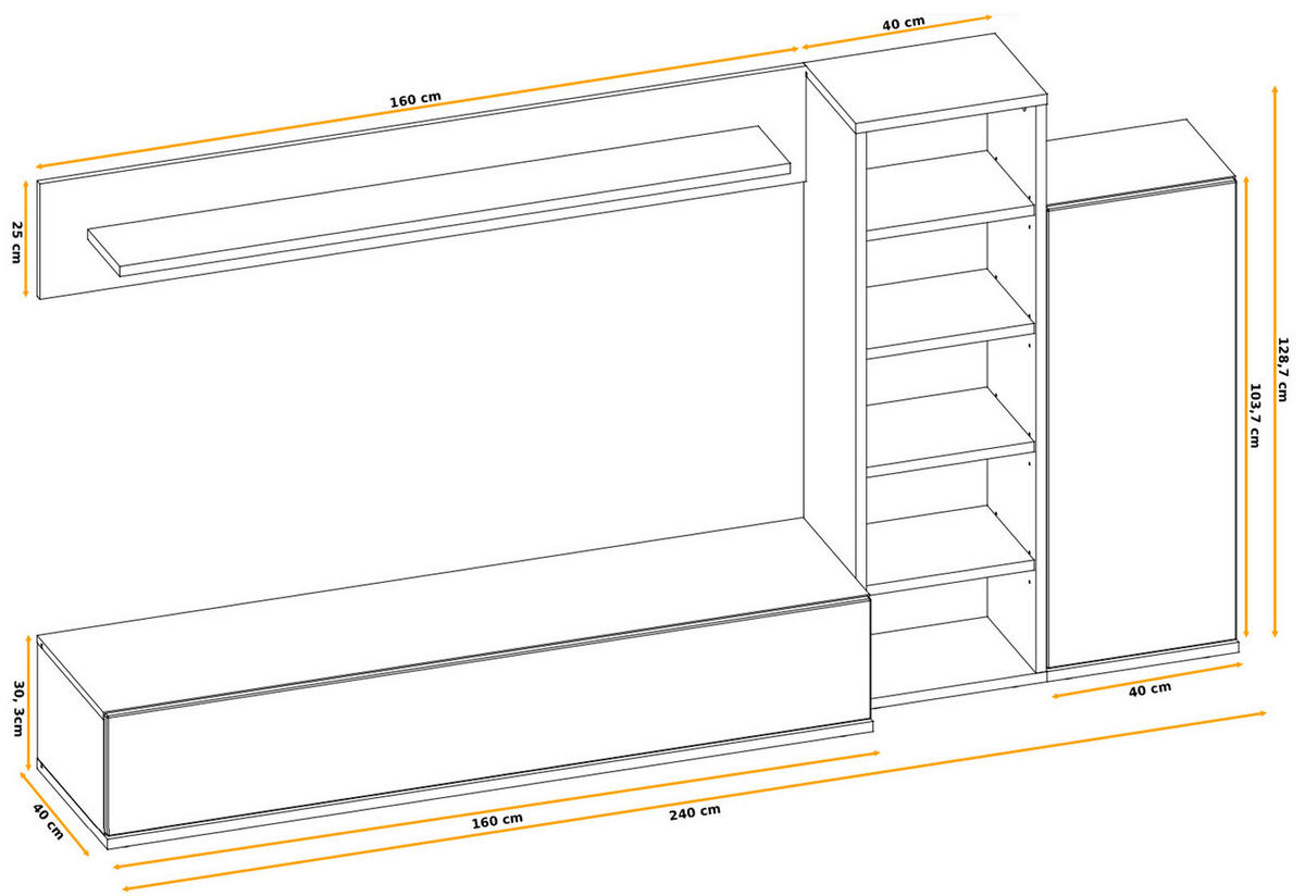 WOHNWAND schwarz, Ribbeck Eiche 240 cm, Schrankwand mit Push-to-Open - Eichefarben/Schwarz, Holzwerkstoff/Kunststoff (240/129/40cm) - Furn.Design