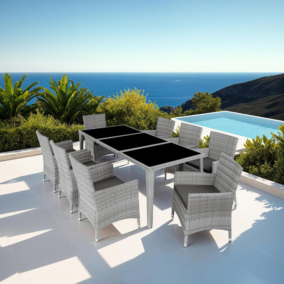 RATTAN SITZGRUPPE Menorca,2 Bezugssets, inklusive Schutzhülle,hellgrau - Hellgrau, Kunststoff - tectake