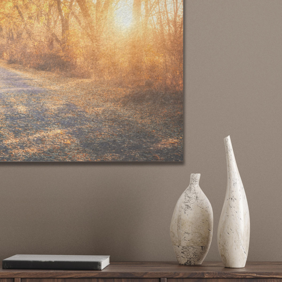 AKUSTIKBILD Wald - Herbst - Bäume - Waldweg - Natur Wanddeko 70x50 cm - Bernsteinfarben, Kunststoff (70/50/0.9cm) - MuchoWow