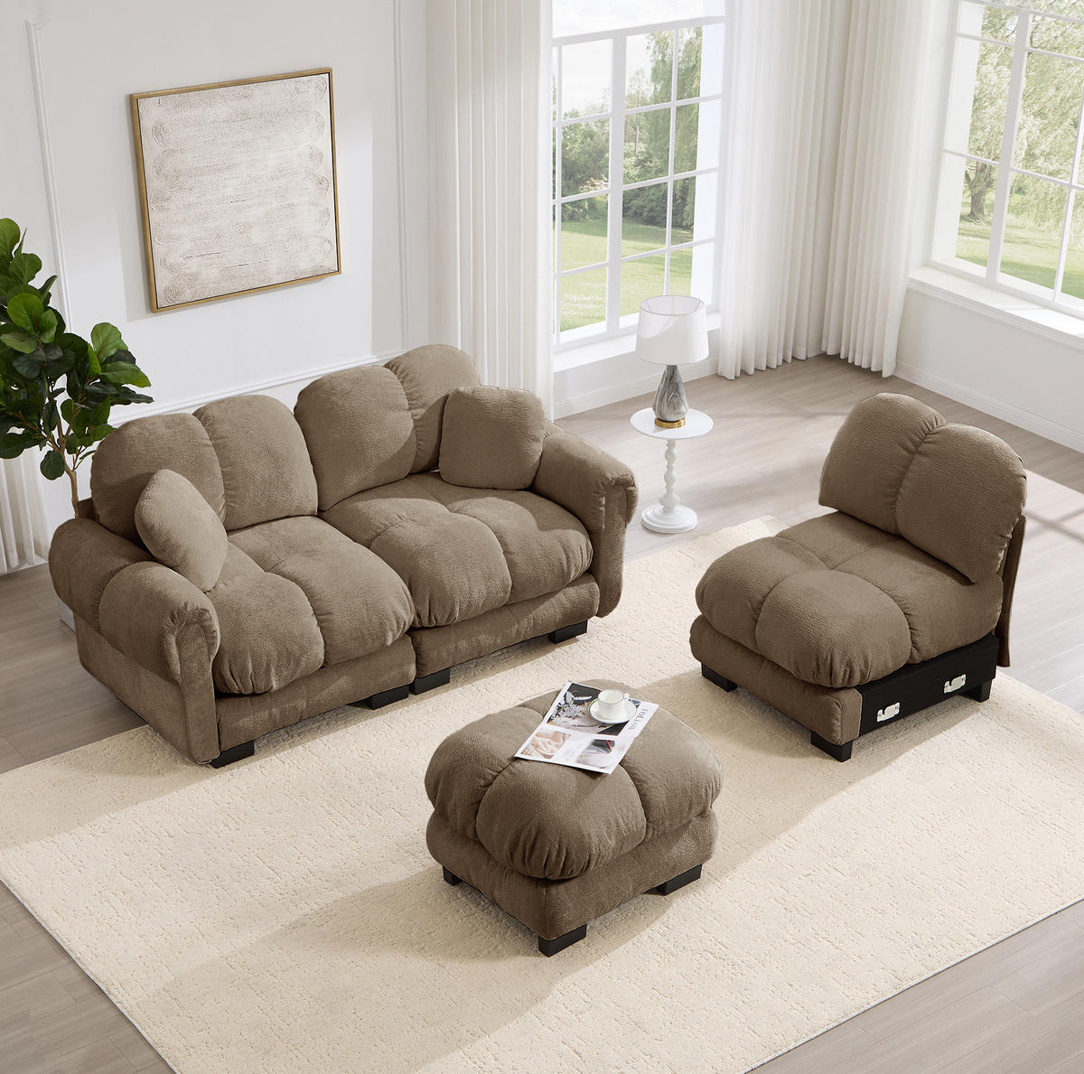 ECKSOFA 260/149/90 cm in Braun aus Chenille mit Steppnähten und Hocker - Braun, Textil (149/260cm) - Flora Grace