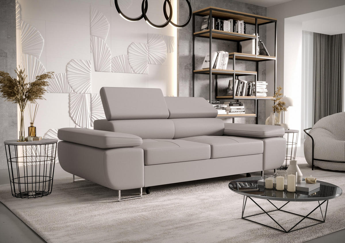 SCHLAFSOFA PRAGA 2, Sofa mit Schlaffunktion, Farbe: Hellgrau, Kunstleder - Hellgrau, Textil (208/90/100cm) - O-Sofa