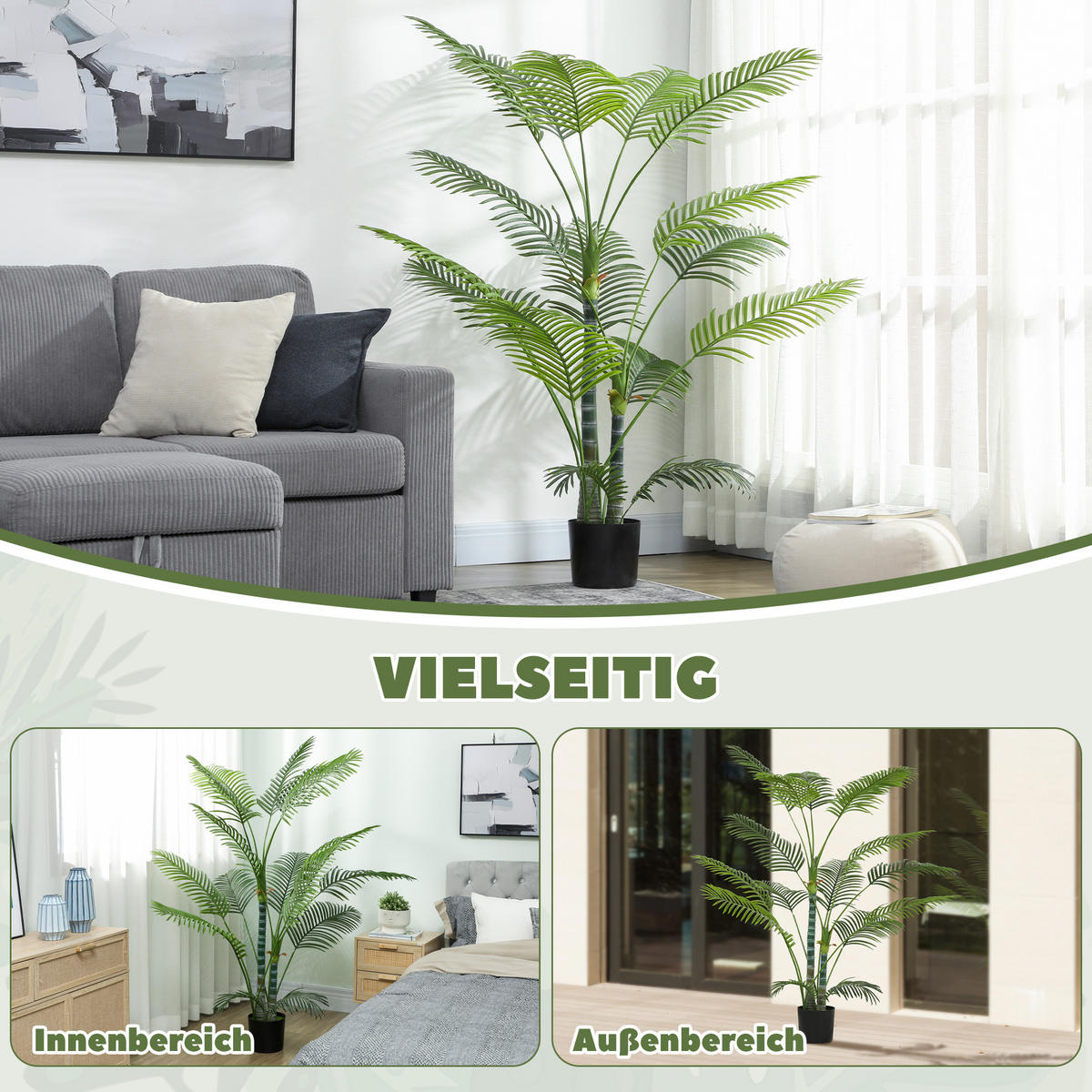 KÜNSTLICHE Palme groß 175 cm Kunstpflanze im Topf mit UV-Schutz für Garten - Schwarz/Grün, Kunststoff (175cm) - HOMCOM