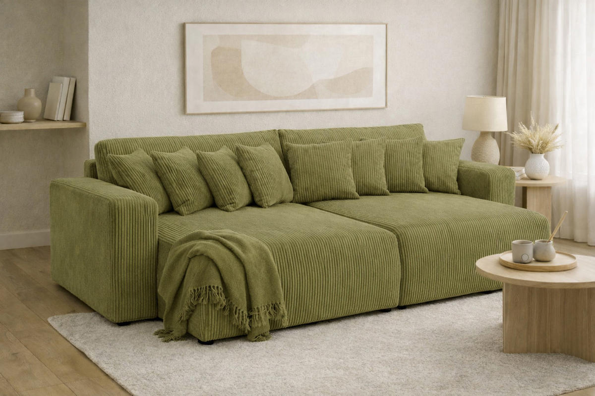 SCHLAFSOFA, Cordstoff Poso, Olive, PIANO DOUBLE - Olivgrün, Holz (246/83/145cm) - Kaiser Möbel