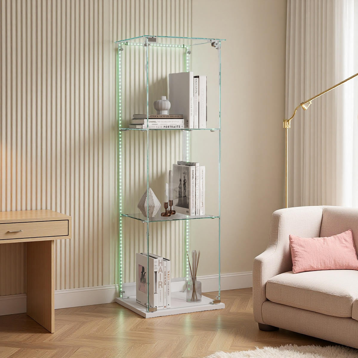 GLASVITRINE mit LED, 3 Ebenen, abschließbar, Weißer Sockel - Weiß, Glas (35/123.3/39.8cm) - SHOPENTRA