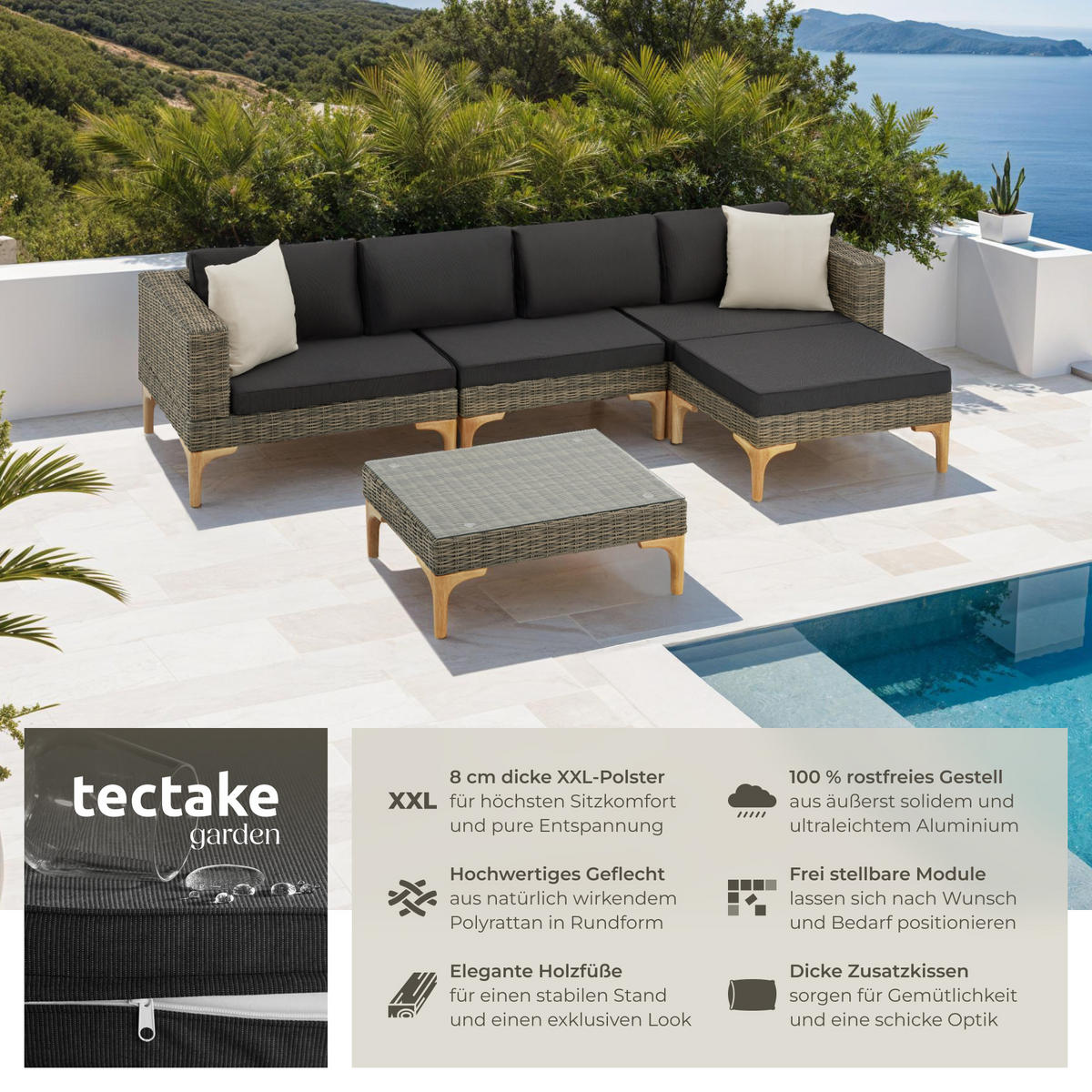 RATTANLOUNGE Konstanza, mit Sicherheitsglasplatte, natur - Naturfarben, Kunststoff/Metall - tectake