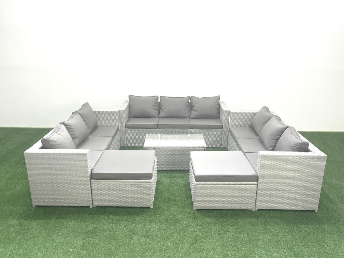 GARTENSET mit 3-SITZER SOFA,COUCHTISCH Polyrattan Hellgrau-Mix 11-Sitzer - Hellgrau/Grau, Glas/Kunststoff - Fimous