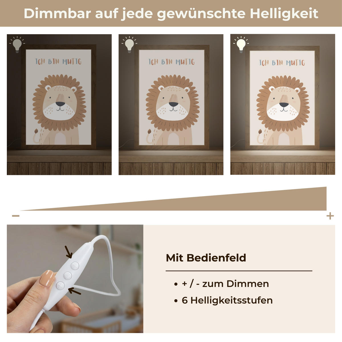 NACHTTISCHLAMPE Löwe - Beige - Tier - Mutig - Zitat 20x30 cm - Beige, Holzwerkstoff (8/20/30cm)