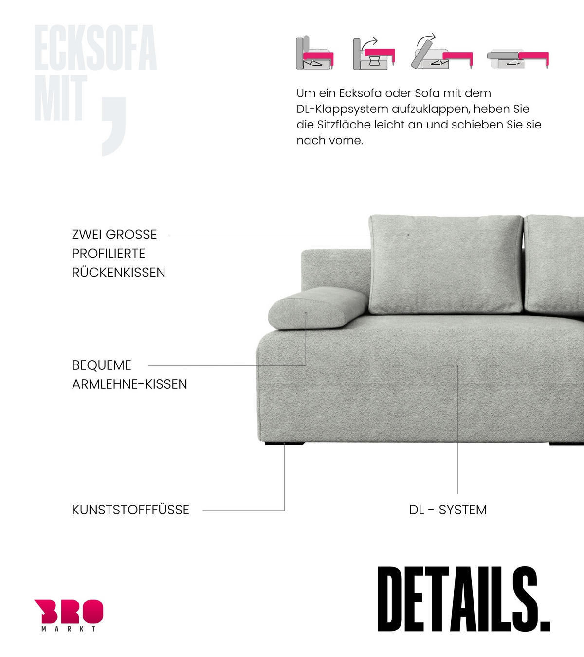 ECKSOFA Ernest mit Schlaffunktion Grau Bouclé - Grau, Textil (200/145cm) - Bromarkt