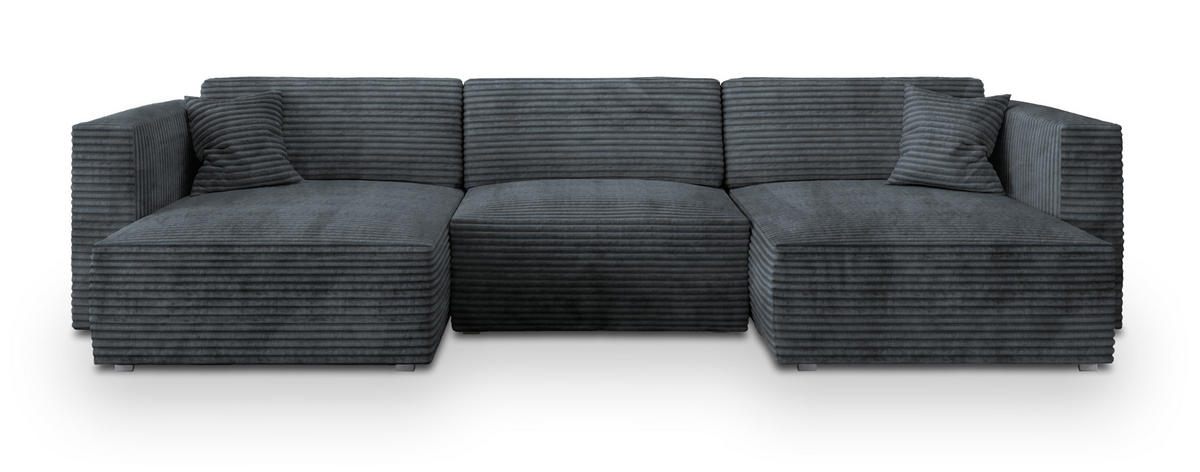 WOHNLANDSCHAFT SARMO Grau Kordstoff mit Schlaffunktion - Grau, Holz (347/90/148cm) - MASSENO