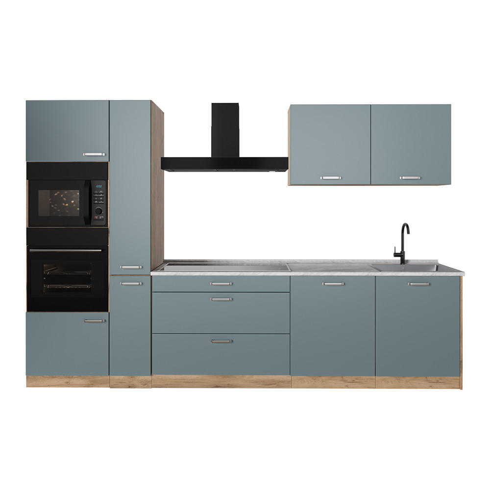 KÜCHENZEILE R-Line, Blau-Grau/Goldkraft Eiche, 310 cm Arbeitsplatte Marmor - Honigeiche/Blaugrau, Holzwerkstoff (310/206.8/60cm) - Vicco