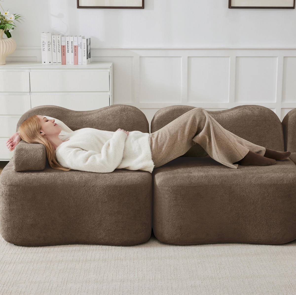 SOFA modular mit Hocker Samt Braun - Braun, Holzwerkstoff (98/70/192cm) - Meubliv