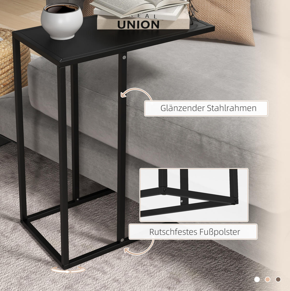 BEISTELLTISCH 46/26/60 cm in C-Form mit Stahlgestell und platzsparendem Design, Schwarz - Schwarz, Metall (26/46/60cm) - Redom