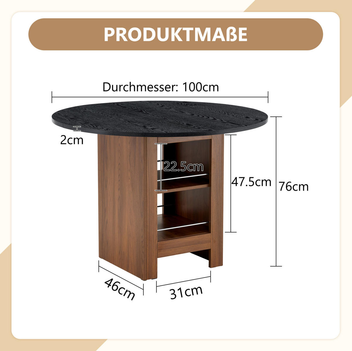 ESSTISCH aus MDF 100x100x76 cm Walnuss-Schwarz mit Stauraumfächern und pflegeleichter Tischplatte - Schwarz, Holzwerkstoff (100/100/76cm) - Modfu
