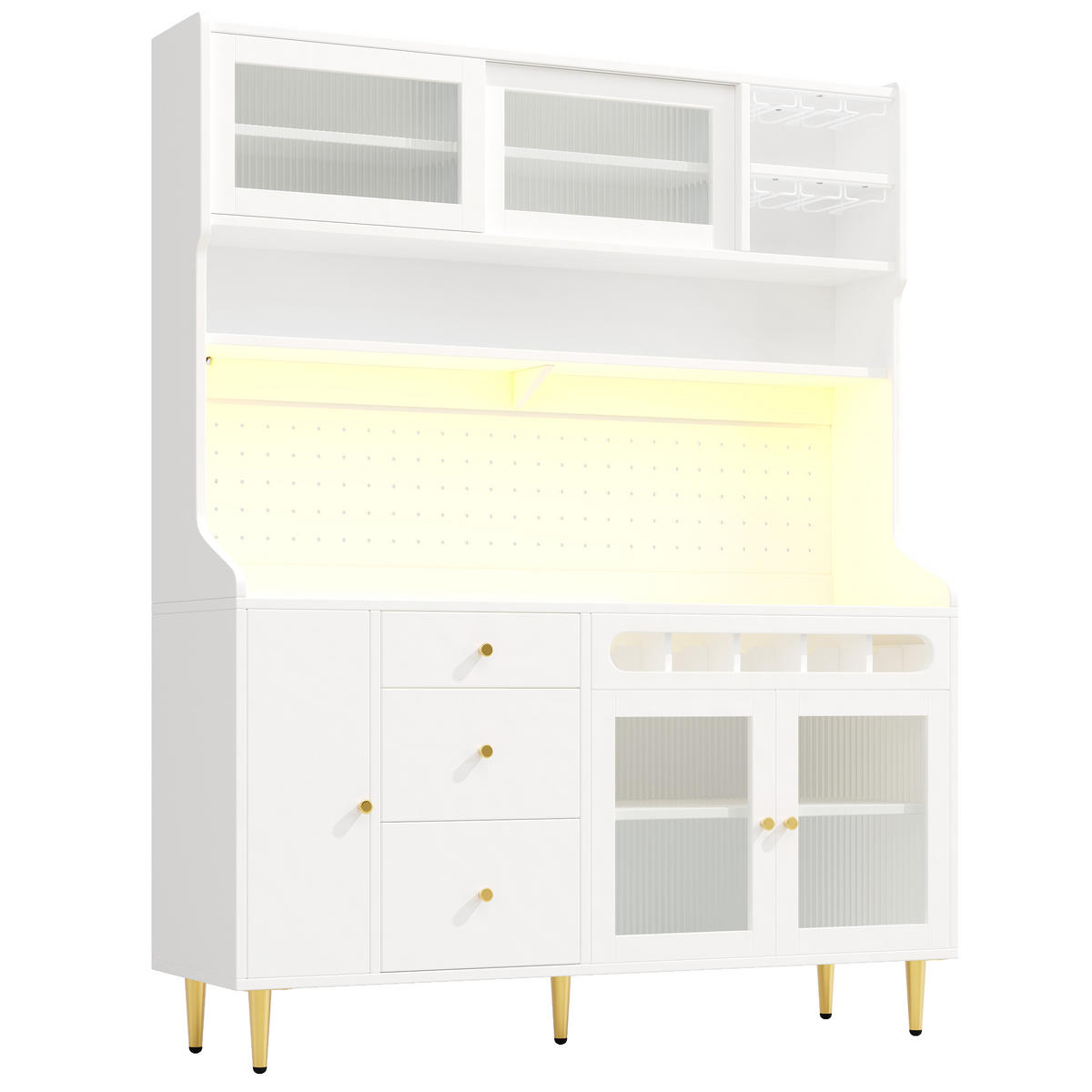 GESCHIRRSCHRANK aus MDF & Glas 145x39x171cm in Weiß mit LED & Weinauszug - Weiß, Holzwerkstoff (145/171/39cm) - Modfu