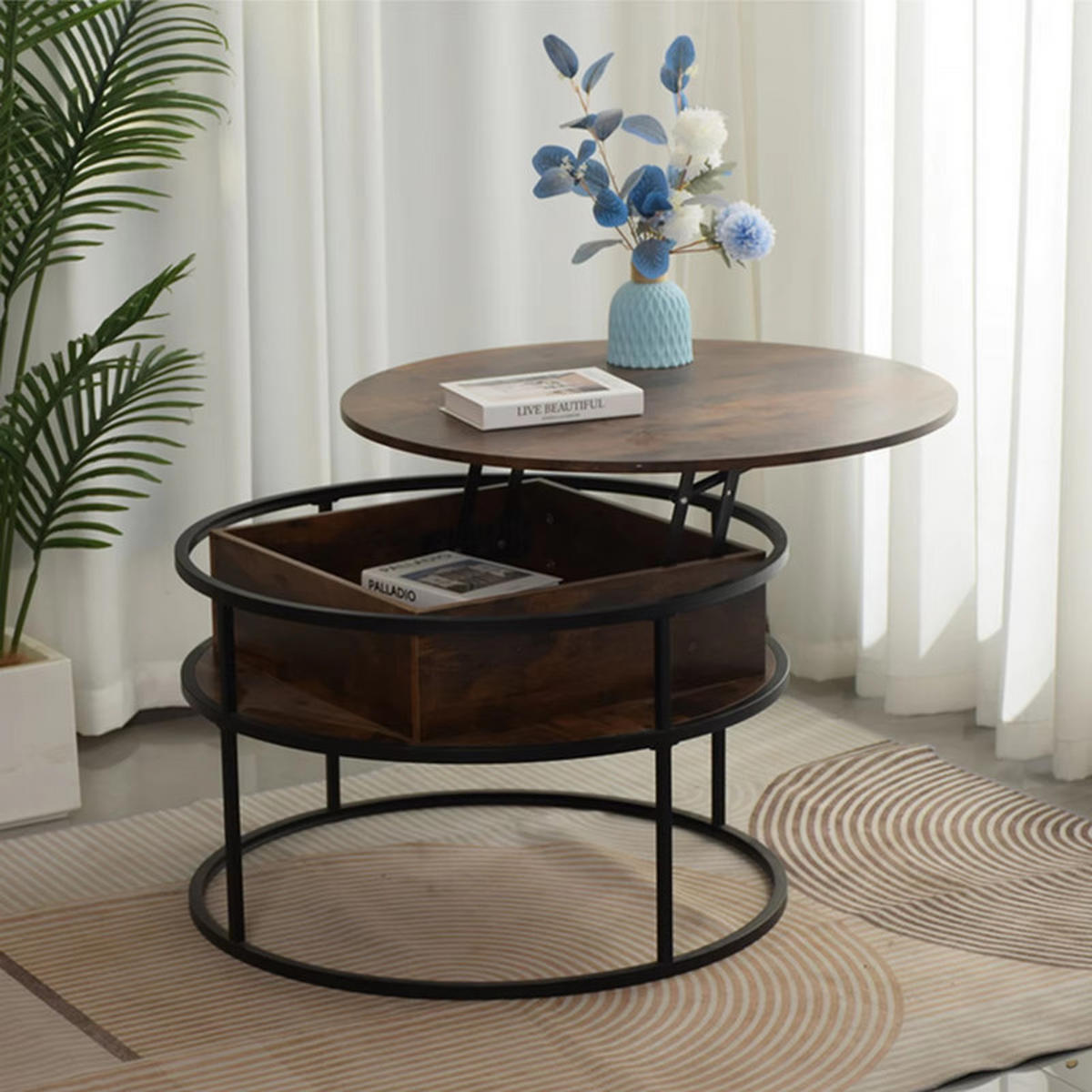 COUCHTISCH rund höhenverstellbar Landhausstil versteckter Stauraum Holz Grau - Grau, Holz (80/80/60cm) - Kaket