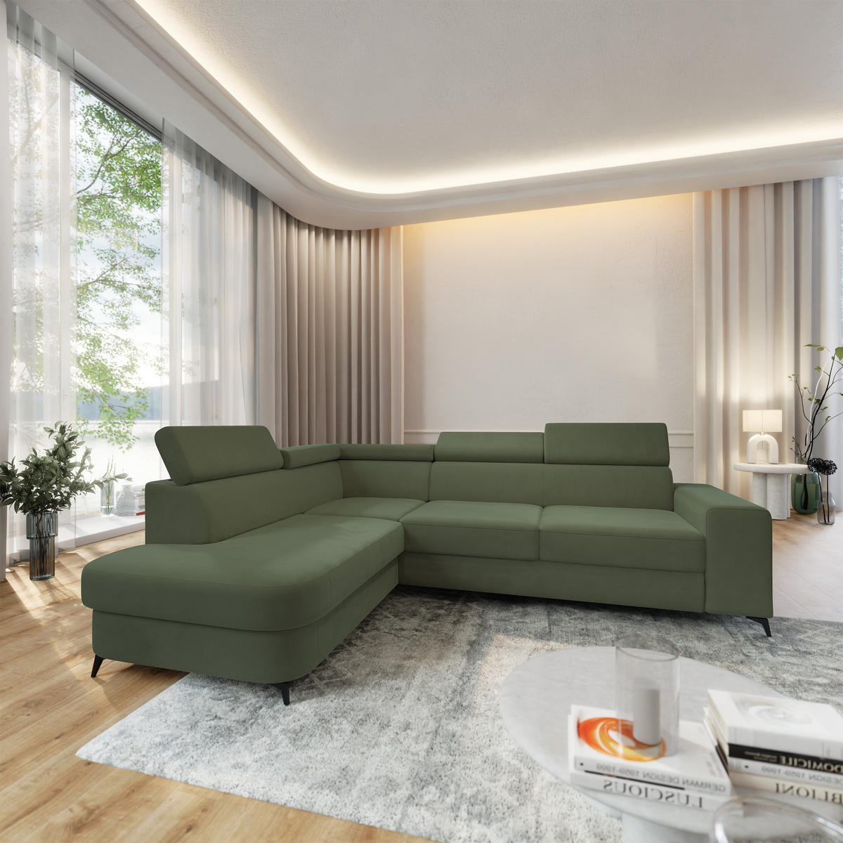 ECKSOFA ALVORO L-S Grün Velours-Stoff mit Schlaffunktion - Grün, Holz (253/190cm) - MASSENO