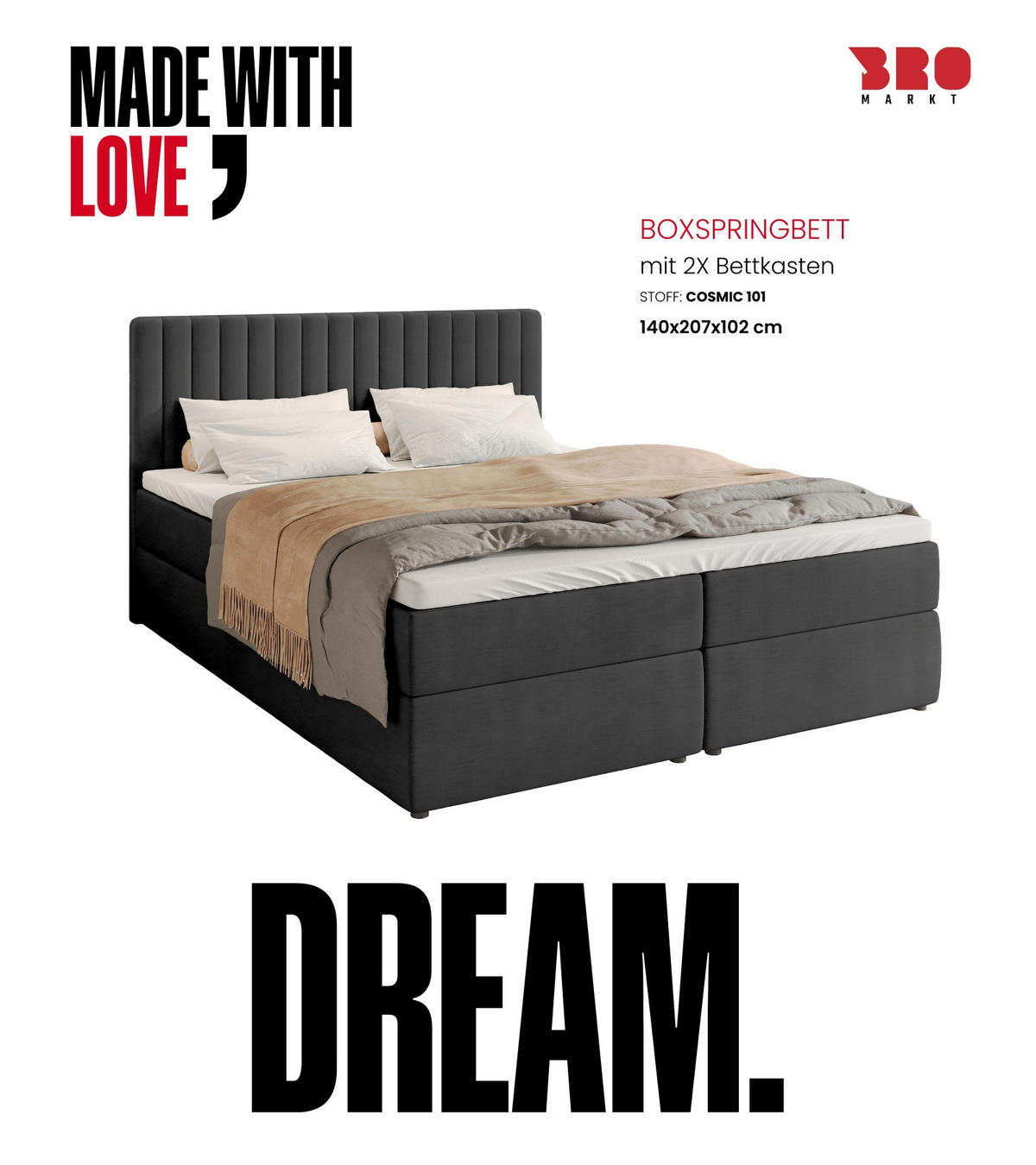 BOXBETT Dream mit Topper 140/200 Anthrazit - Anthrazit, Holzwerkstoff/Textil (140/200cm) - Bromarkt