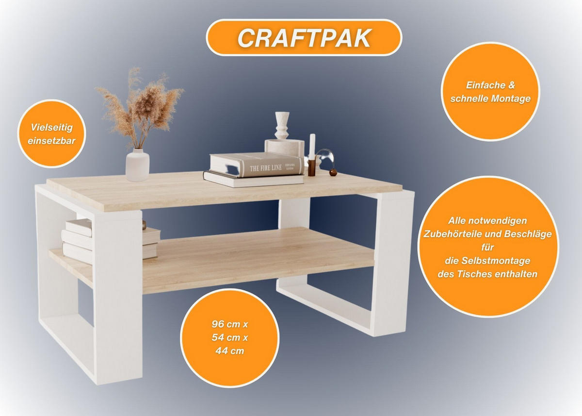COUCHTISCH Holzwerkstoff rechteckig stabil Sonoma Eiche 42/54/96cm - Weiß/Sonoma Eiche, Holzwerkstoff (53.8/96/42cm) - CraftPAK