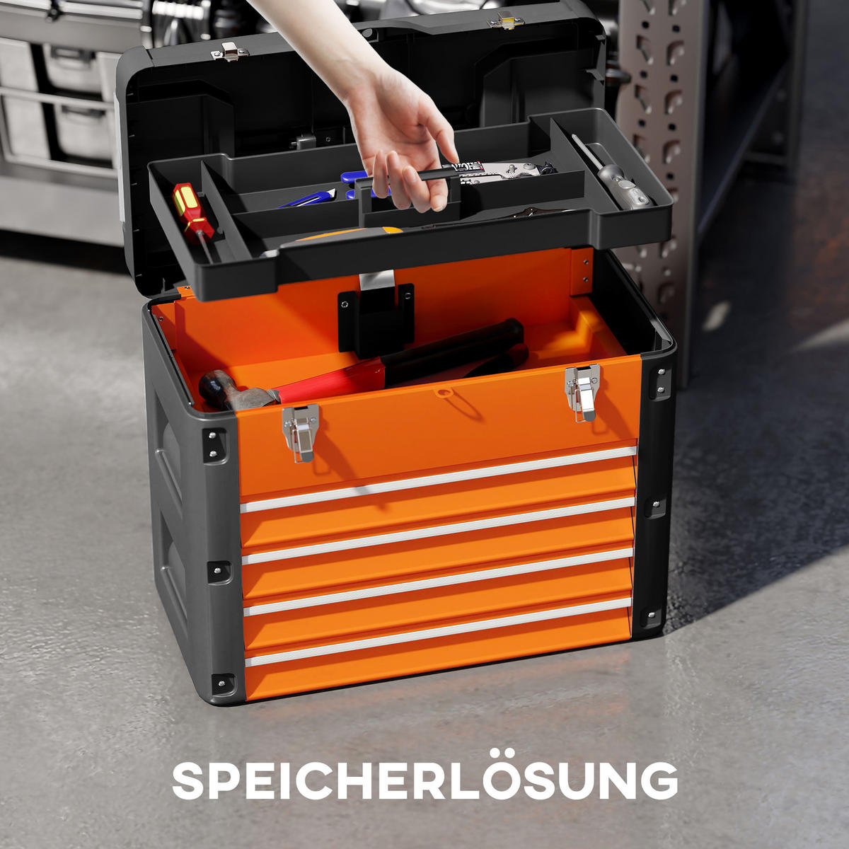 WERKZEUGKISTE leer, 49,7 x 25,3 x 40,7 cm Werkzeugkasten aus Stahl, Orange - Orange, Metall (49.7/40.7/25.3cm) - HOMCOM