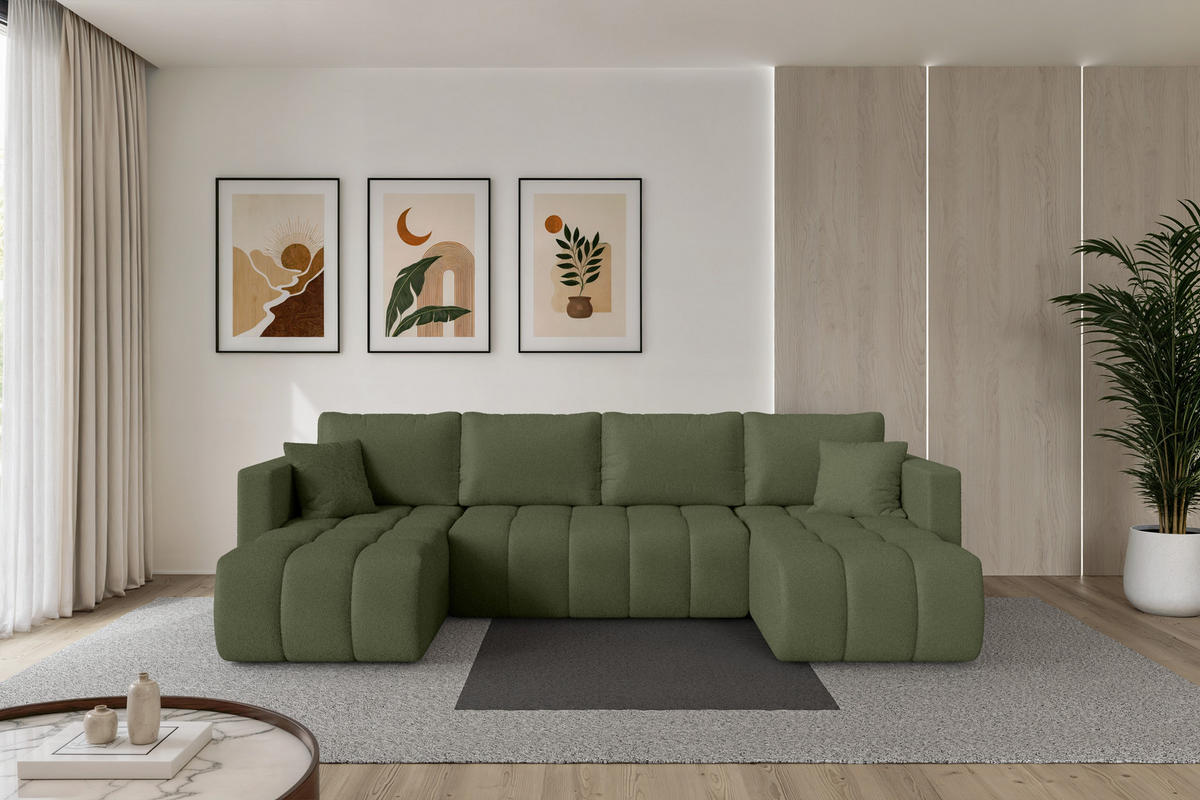 SEDACÍ SOUPRAVA DO U s funkcí spaní a úložným prostorem GARD-U 300x146x85 zelená bouclé - černá/zelená barva, kompozitní dřevo/textil (300/85/146cm) - ALTDECOR