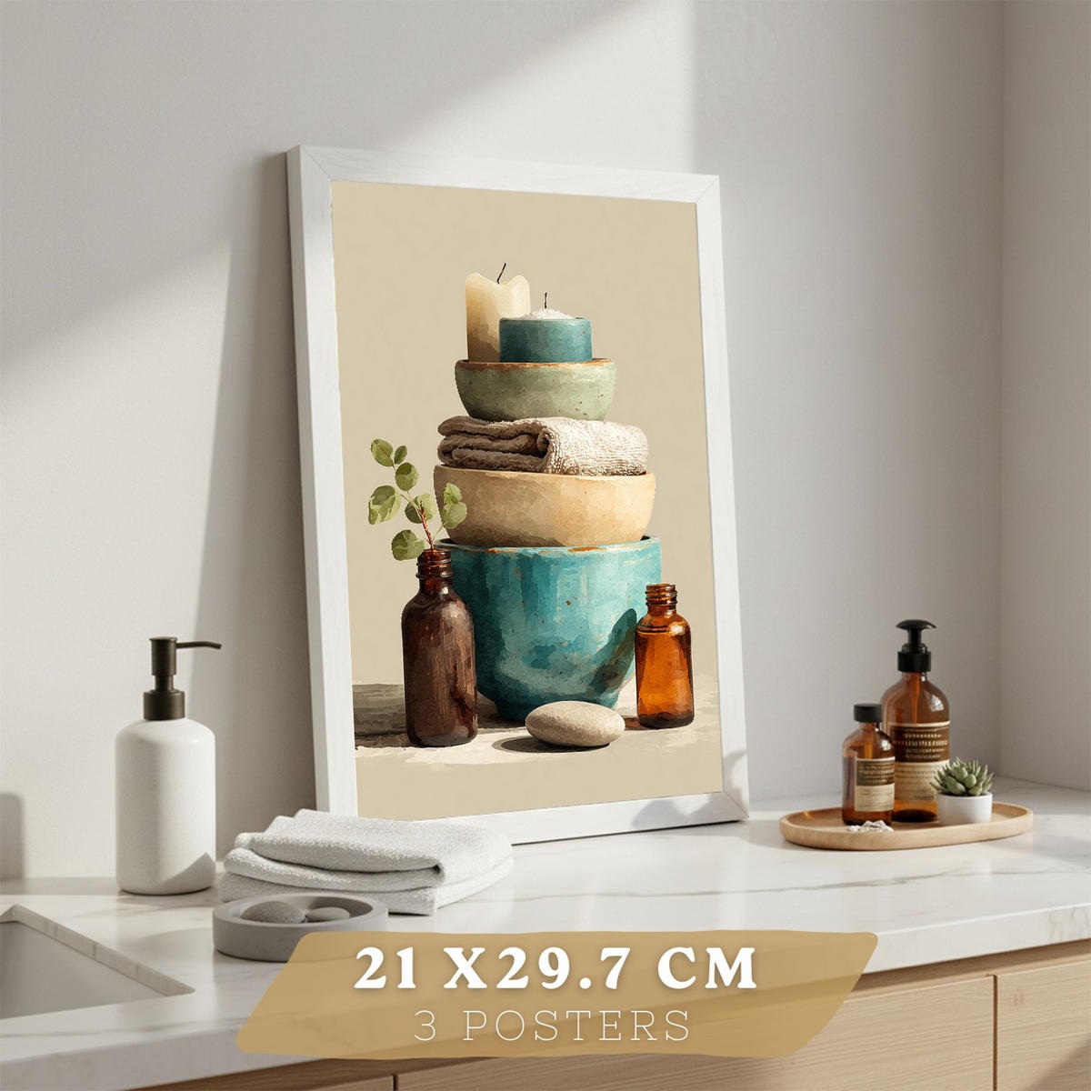 PLAKÁT Sada 3 dekorativních koupelnových tisků, přírodní lázeňský styl Bezrámové A4 - čirá, papír (29.7/21/3cm) - Nacnic