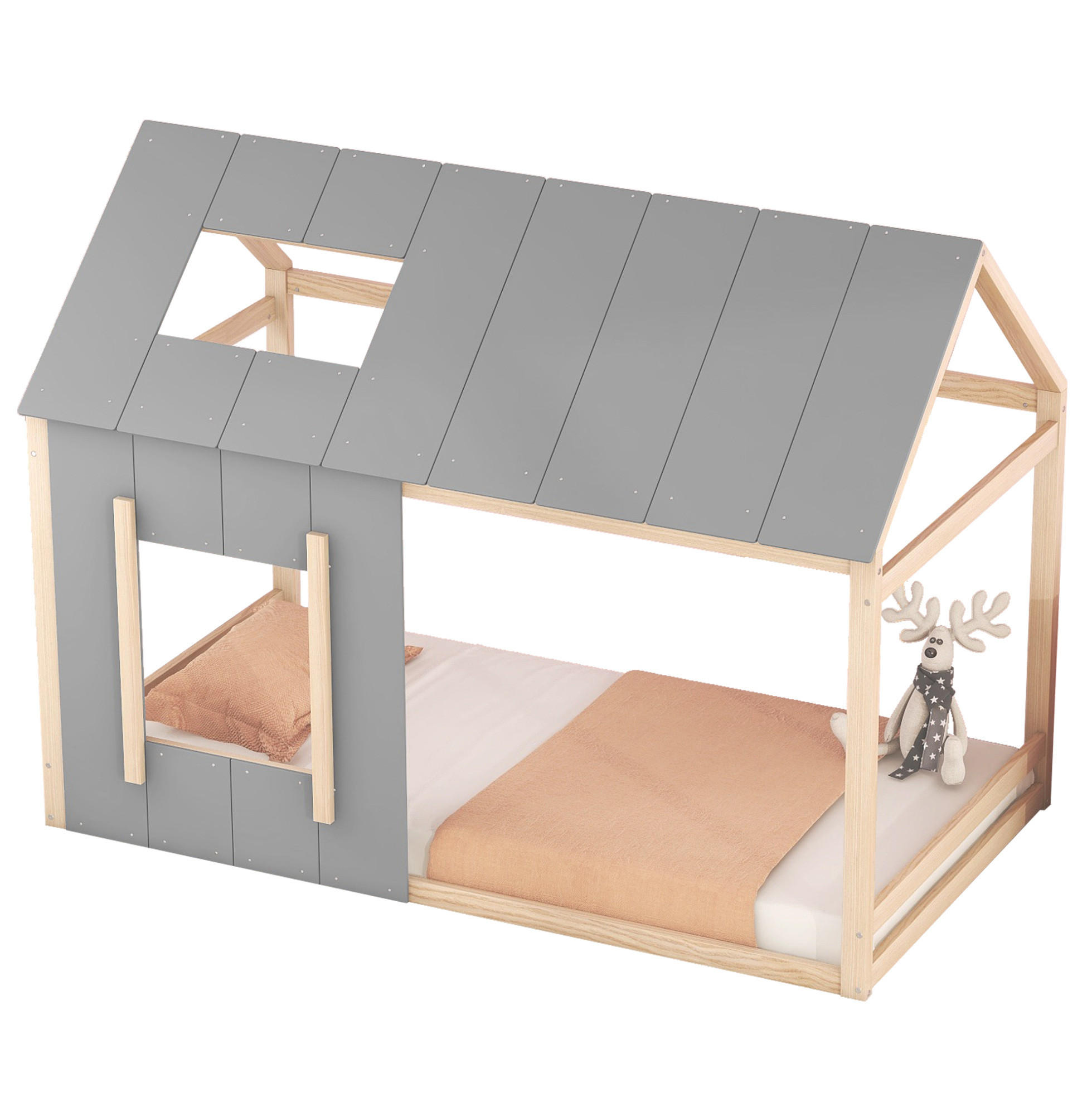 OKWISH DOMČEKOVÁ posteľ 90/200 cm prírodná/sivá z borovice a MDF so strechou a oknom