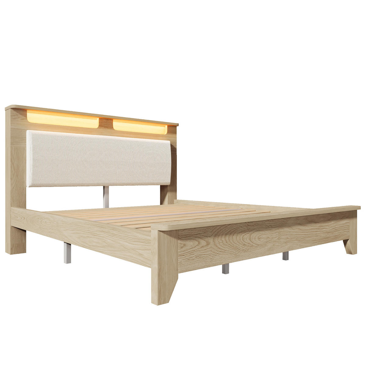 DOPPELBETT 140/200 cm mit LED-Kopfteil, Stauraum und Cord-Rückenlehne, Eichefarben/Beige - Beige, Textil (140/200cm) - Redom