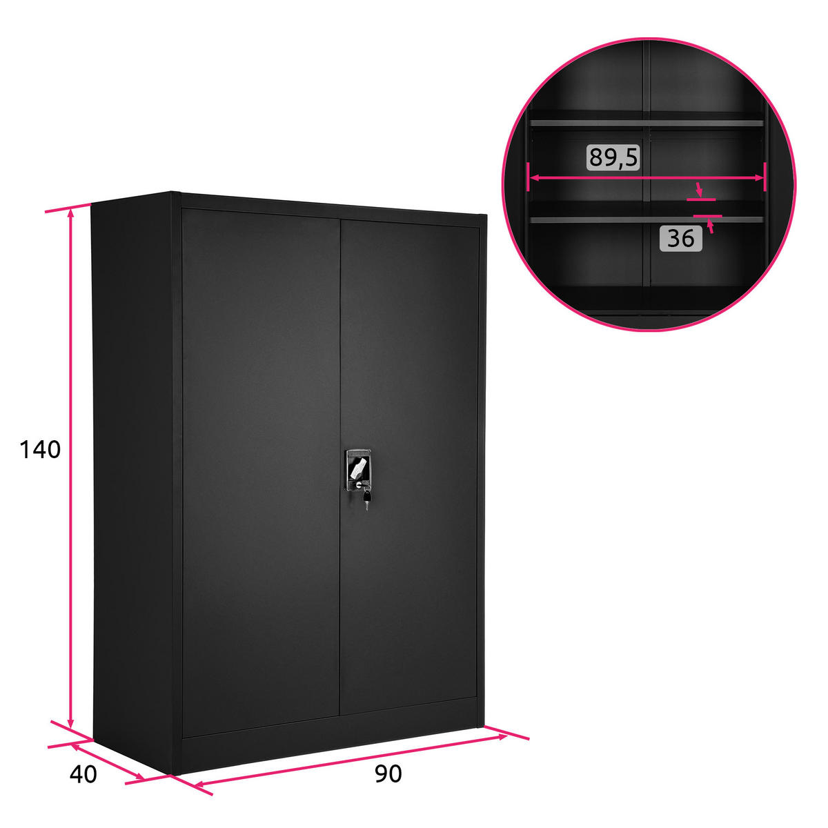 AKTENSCHRANK ,140 x 90 x 40 cm,schwarz - Schwarz, Metall (90/140/40cm) - tectake