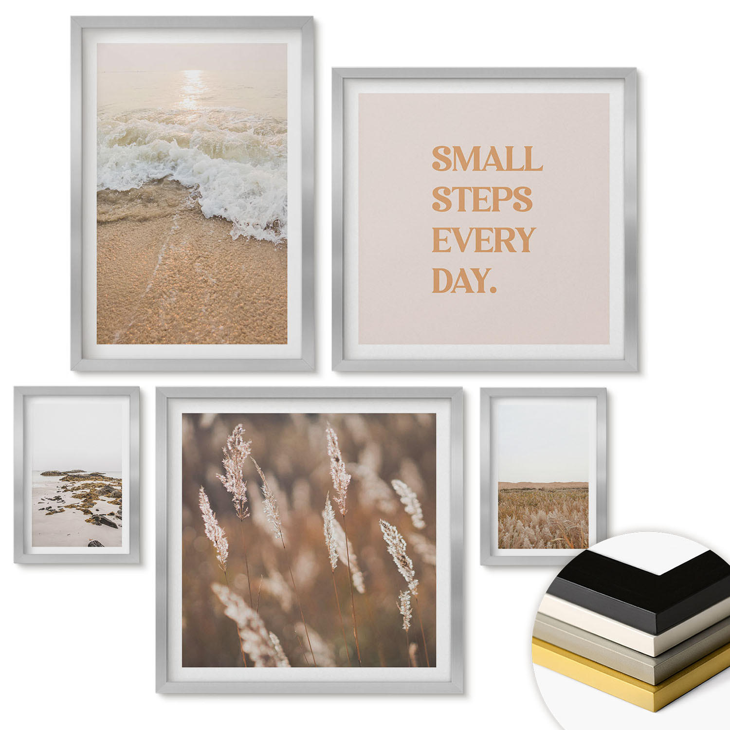 WANDBILDER 5er Set - 50x50 cm & 20x30 cm & 40x60 cm Silberner Rahmen - Strandwellen, Steine, Sommer - Silberfarben, Kunststoff (40/60cm) - ArtPrintCave