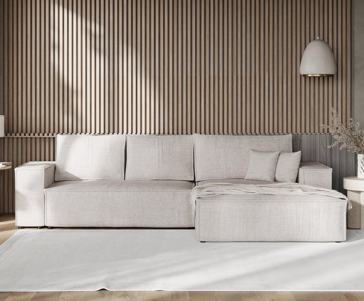 ECKSOFA TAURI mit Schlaffunktion Hellbeige im Neve Stoff - Sandfarben/Schwarz, Holz/Holzwerkstoff (294/185cm) - AltaBeds