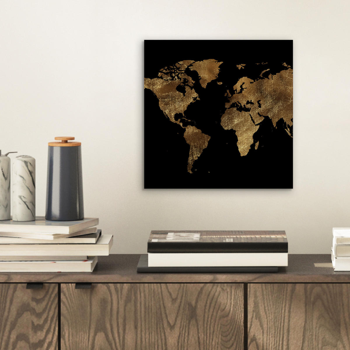 KOVOVÝ OBRAZ Mapa sveta - Zlato - Luxus - Zem - Čierna 20x20 cm - zlatá, kov (20/20cm) - MuchoWow