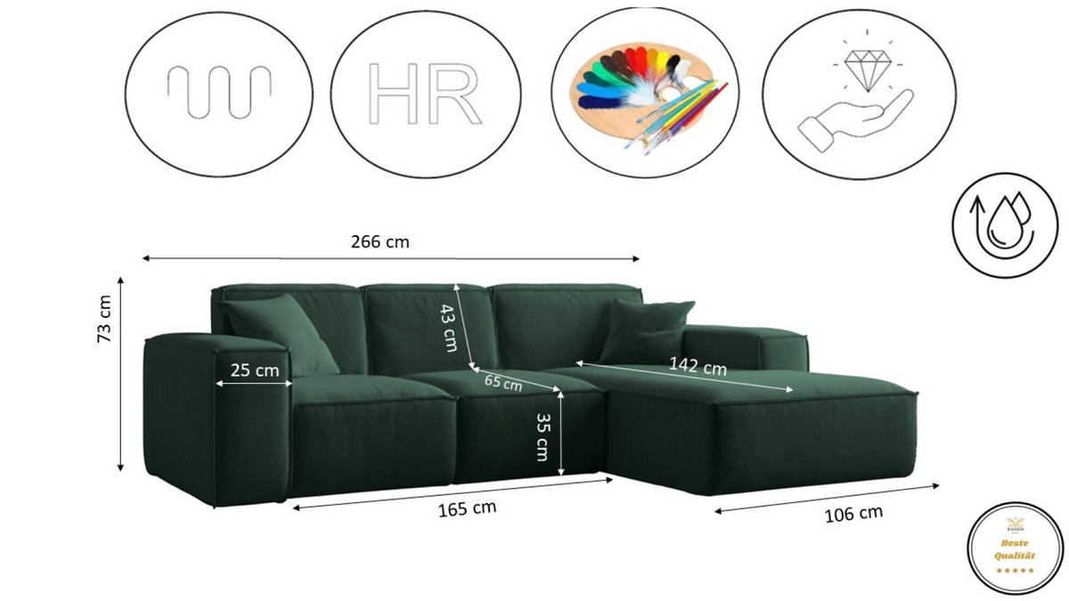 ECKSOFA L-Form Siena Stoff Salvador Grün Rechts - Grün, Holz (266/165cm) - Kaiser Möbel