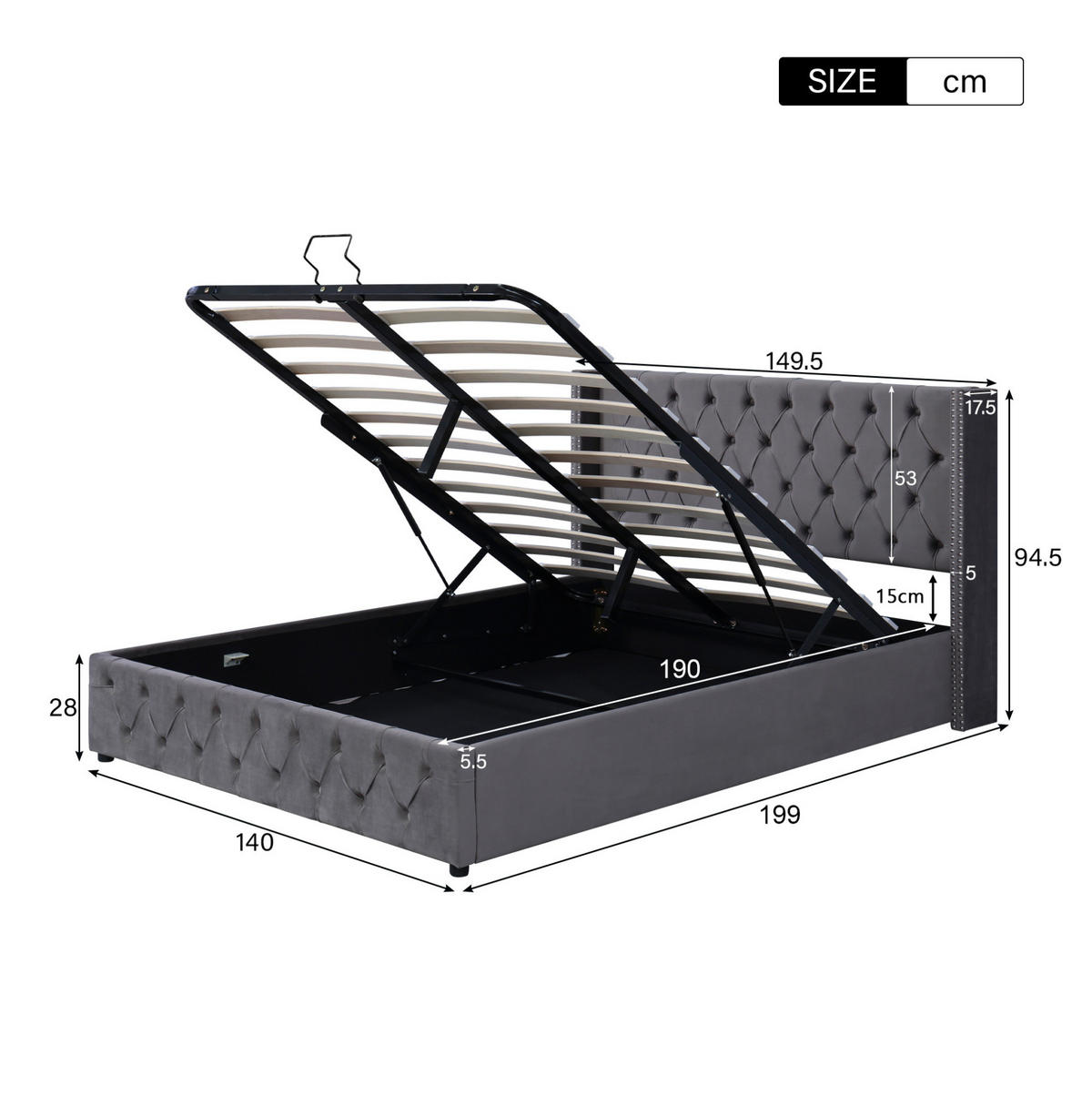 BRAČNI krevet 140/190 cm sivi od baršuna s hidrauličnim spremištem - siva, tekstil (140/200cm) - OKWISH