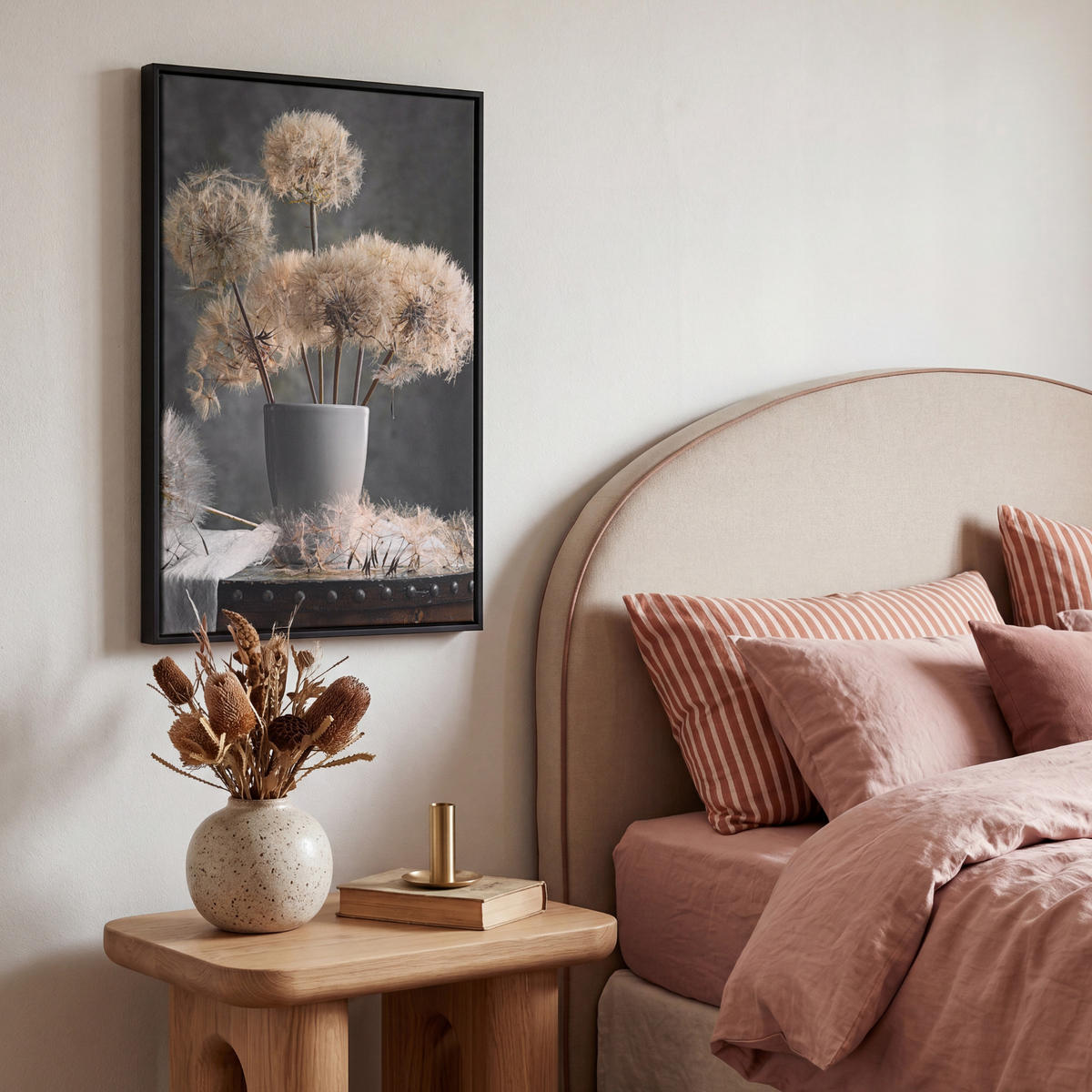 LEINWAND Bilder mit Rahmen - Blumensamen - Löwenzahn - Vase - Stilleben - Blumenstrauß - 40x60 - Dunkelgrau, Textil (40/60cm) - MuchoWow