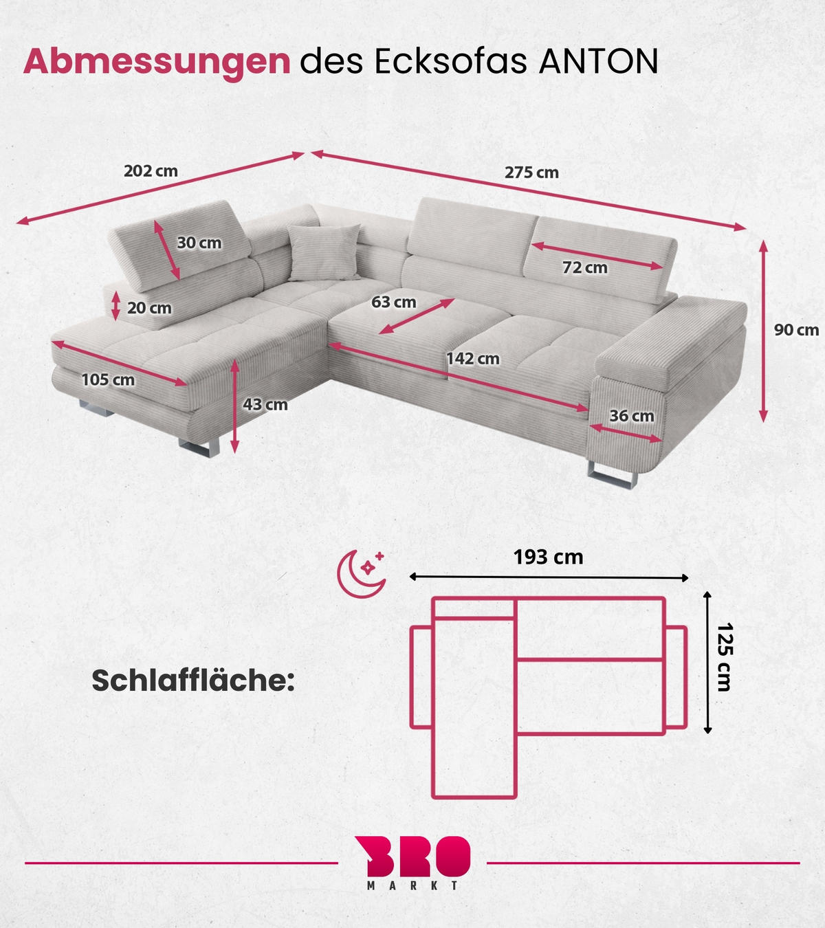 ECKSOFA Anton mit Schlaffunktion Weiß Cord - Silberfarben/Weiß, Textil/Metall (142/275cm) - Bromarkt