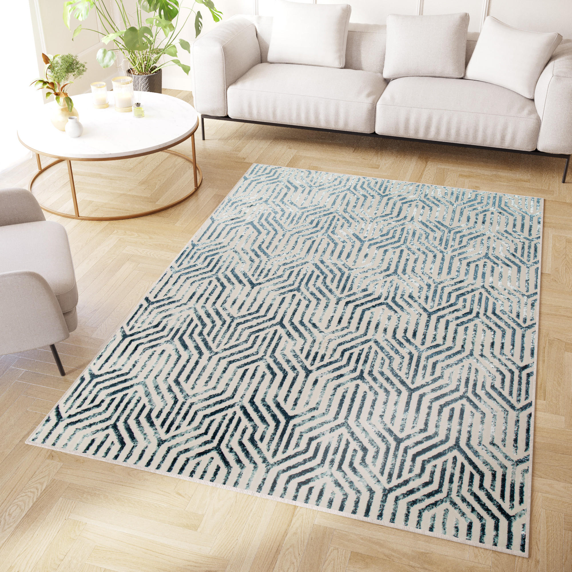 TEPPICH CRYSTAL Creme Blau 80/150 cm - Blau/Creme, Textil (80/150cm) - Tapiso