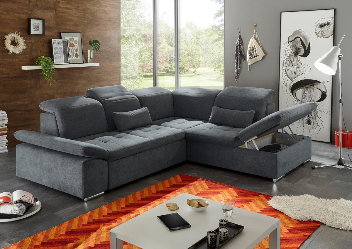ECKSOFA mit Schlaffunktion mit Bettkasten und verstellbaren Kopf- und Rückenlehnen - Chromfarben/Dunkelgrau, Textil (240/276cm) - ed exciting design