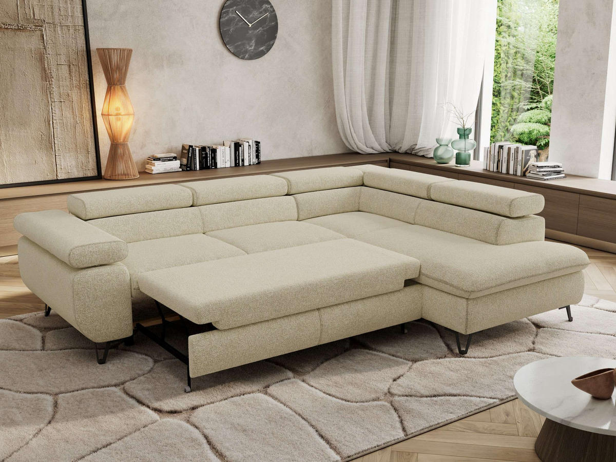 ECKSOFA PABLO L Creme Struktur - Rechts Seite mit T25 Topper - Creme/Schwarz, Textil/Metall (273/208cm) - MKS