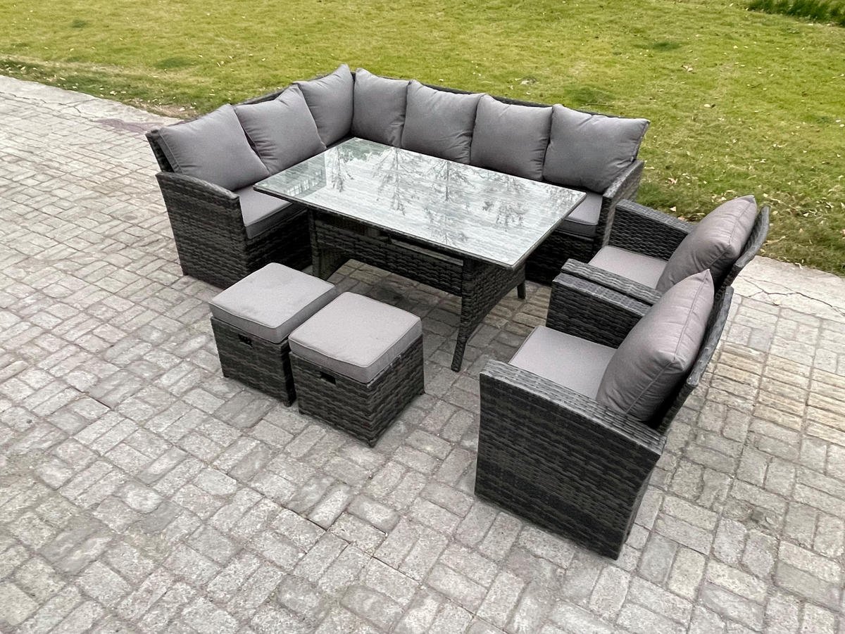 SITZGRUPPE mit Esstisch,Fußhocker,2 Stuhl Polyrattan Dunkelgrau 10-Sitzer - Dunkelgrau/Grau, Glas/Kunststoff - Fimous