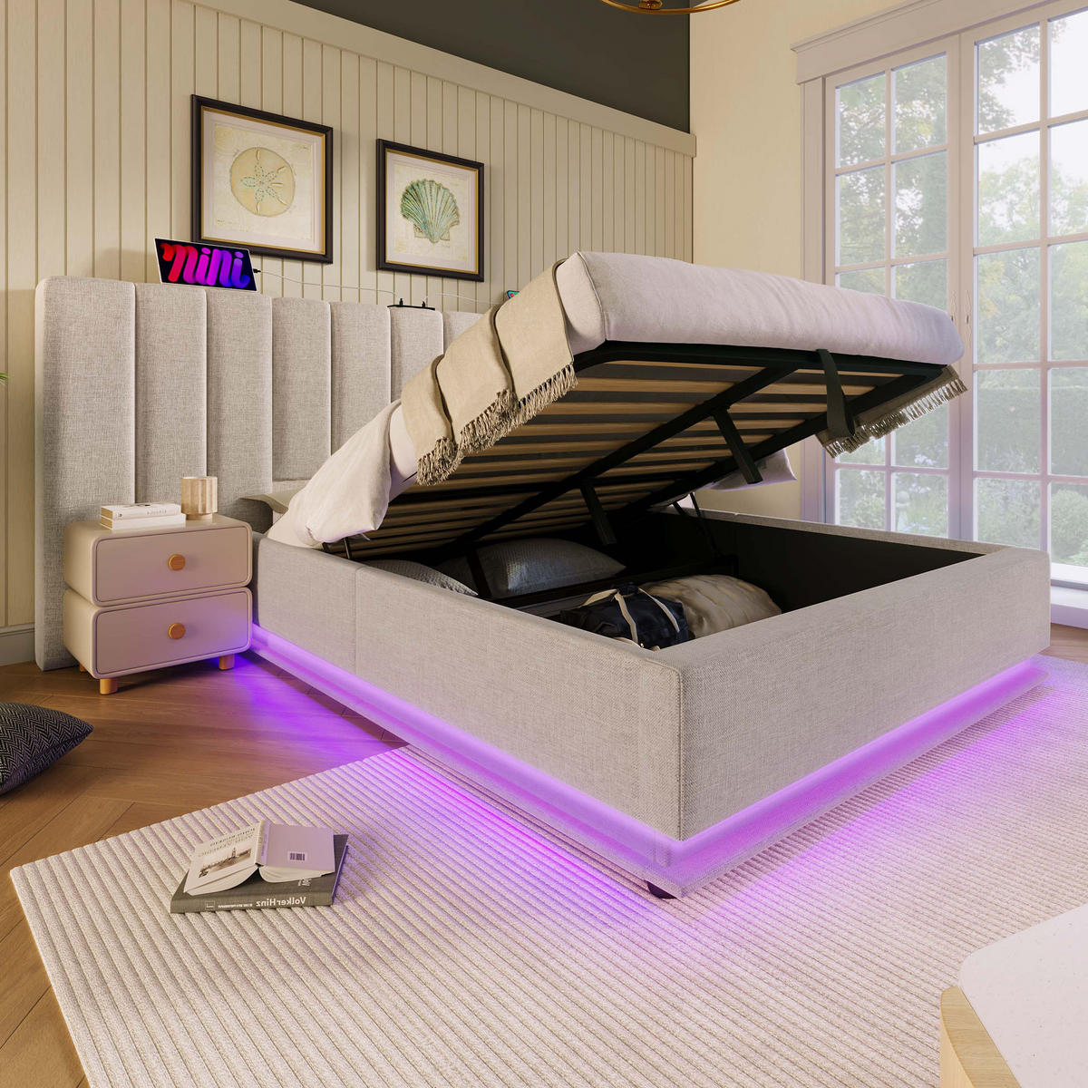 POLSTERBETT 160/200 cm Beige Stauraumbett mit LED-Beleuchtung und USB-C-Ladefunktion - Beige, Textil (160/200cm) - OKWISH