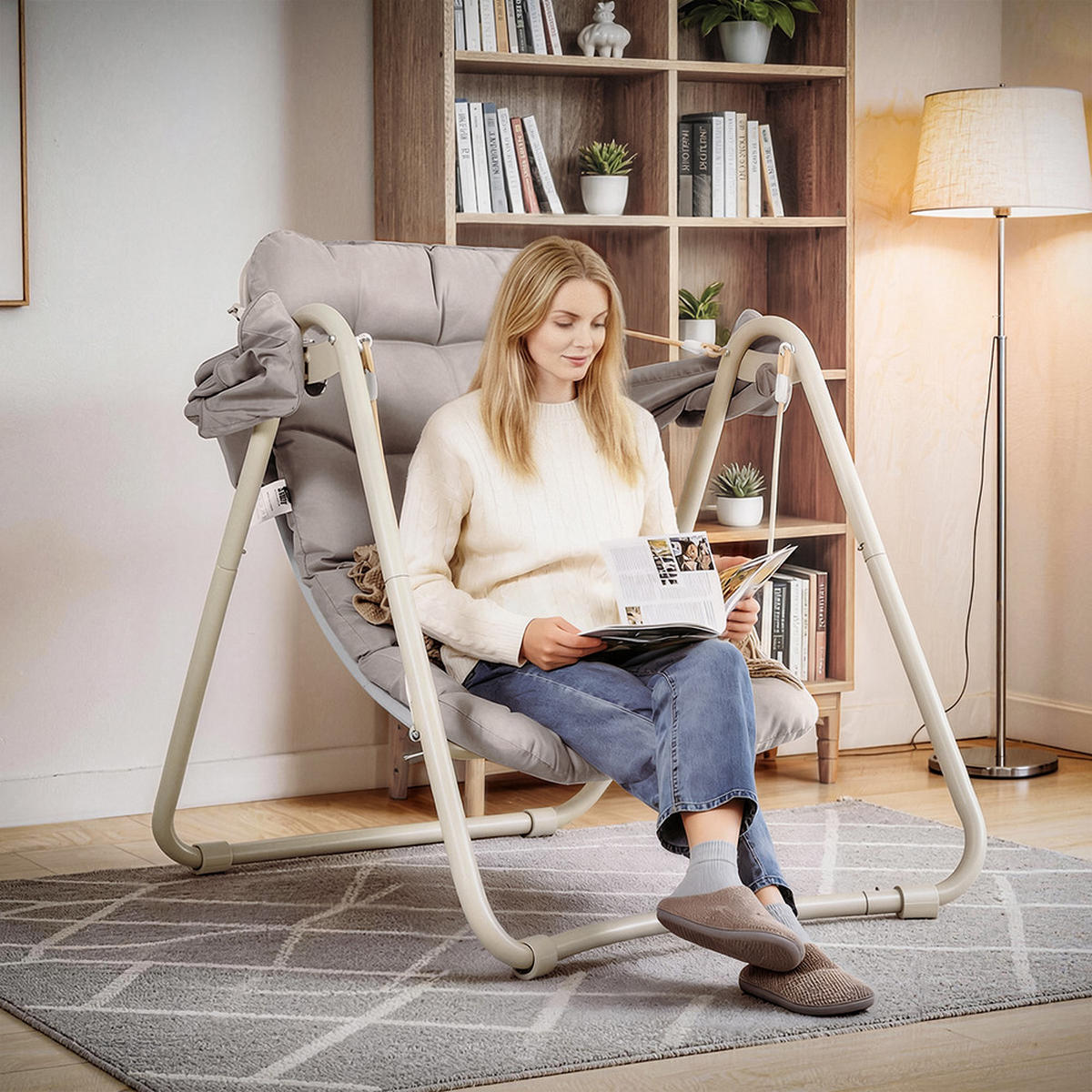 HÄNGESESSEL mit Sonnenschutz OGS62-MI - Ahornfarben, Fell/Metall (108/163/126cm) - SoBuy