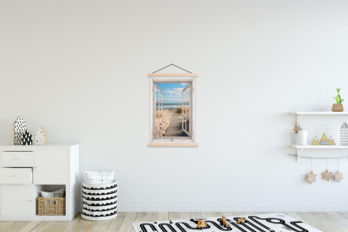 POSTER Fenster - Meer - Küste - Natur - Fensterblick - Strand - Wattenmeer 60x90 cm - Beige, Textil (60/90/0.15cm) - MuchoWow