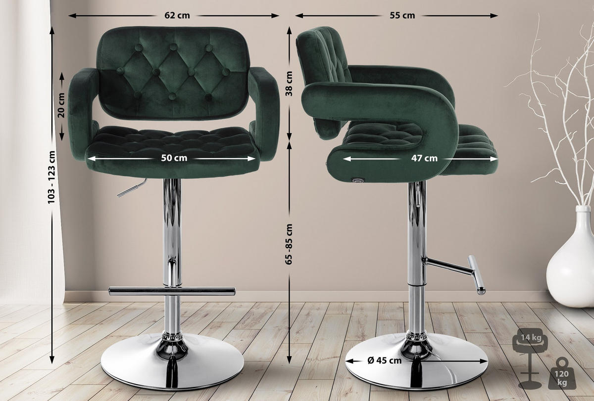 BARHOCKER Samt dunkelgrün - Dunkelgrün/Schwarz, Textil (62/103/55cm) - CLP