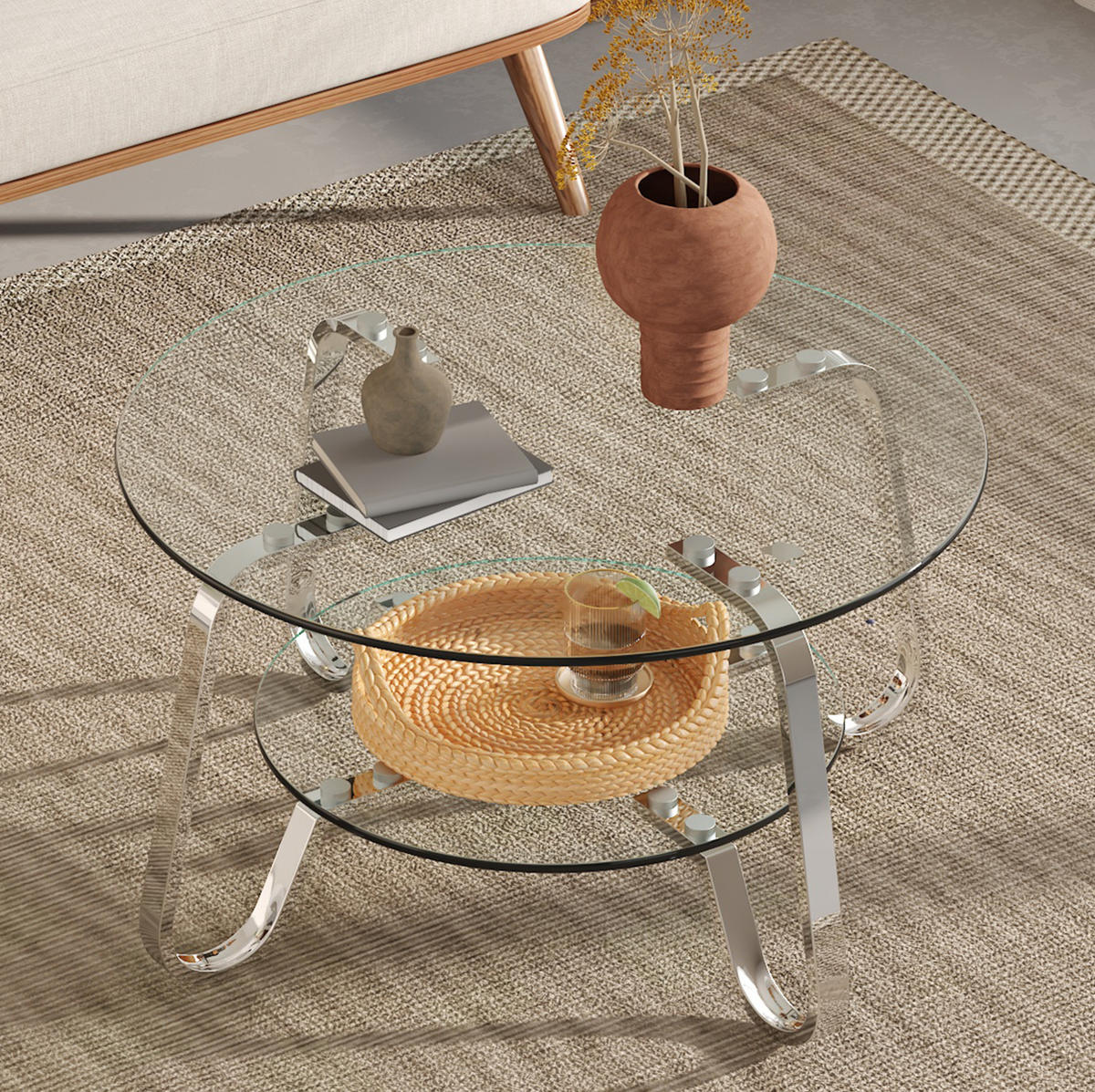 COUCHTISCH 80/80/45 cm 2-stufig mit Glasplatten und Metallgestell, elegante offene Optik, Silber - Silberfarben, Metall (80/80/45cm) - Redom