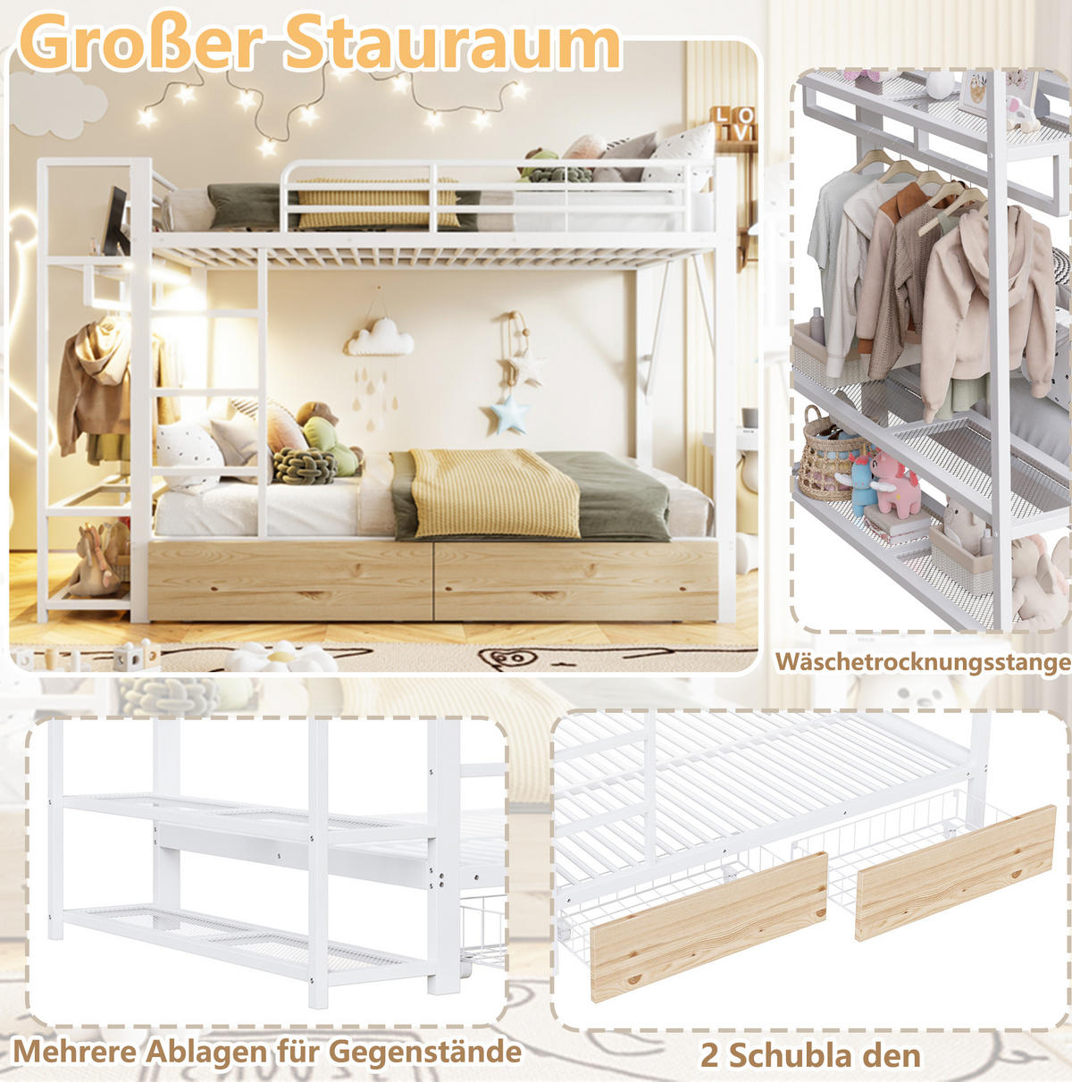 ETAGENBETT aus Metall und MDF 140x200 cm Weiß mit LED-Beleuchtung, Schubladen und Ablageflächen - Weiß, Metall (140/200cm) - IVMEU