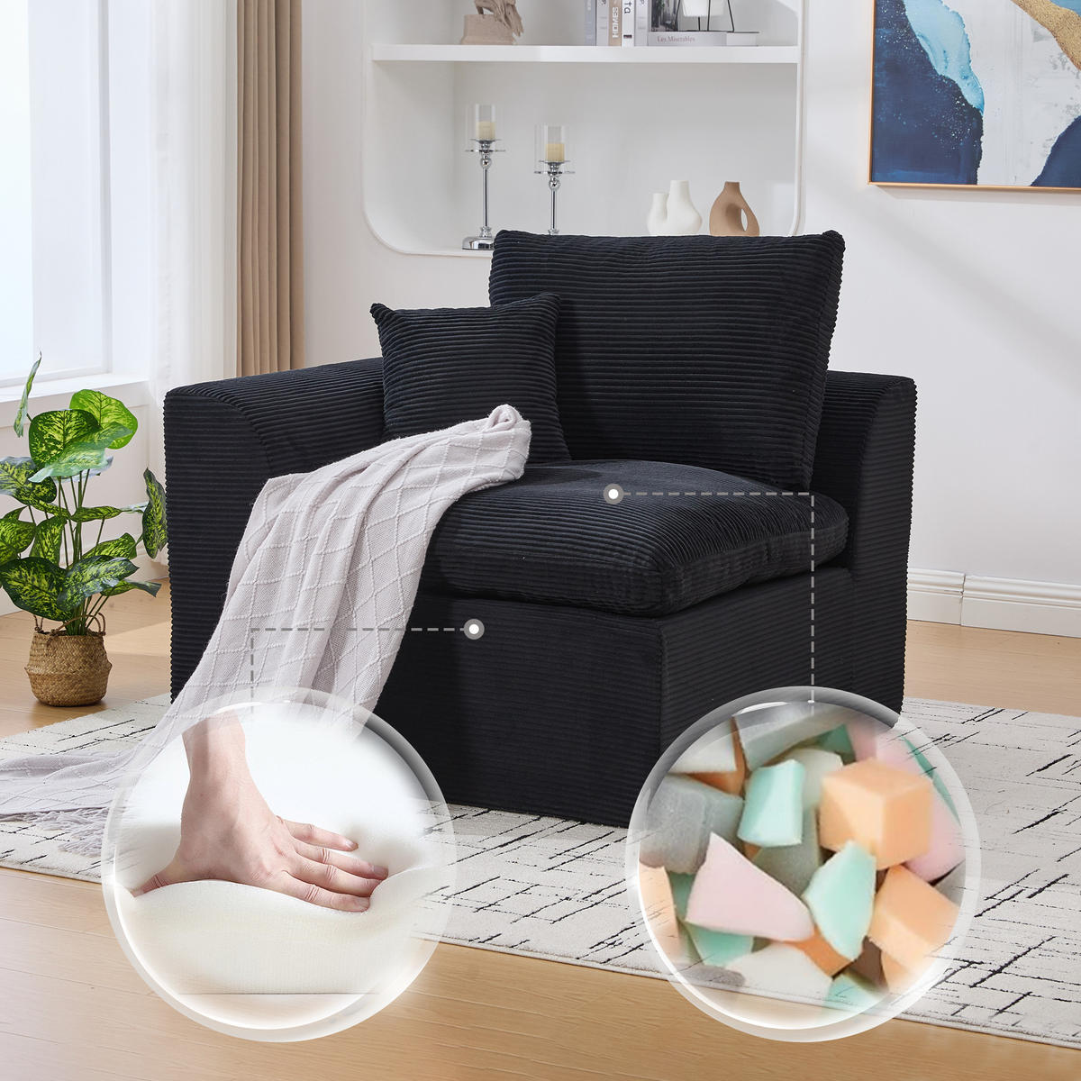 SESSEL Cord-Sofa mit Federkern-Polsterung und Kissen, Montagefrei - Schwarz, Textil (101/84/102cm) - Urban Meuble